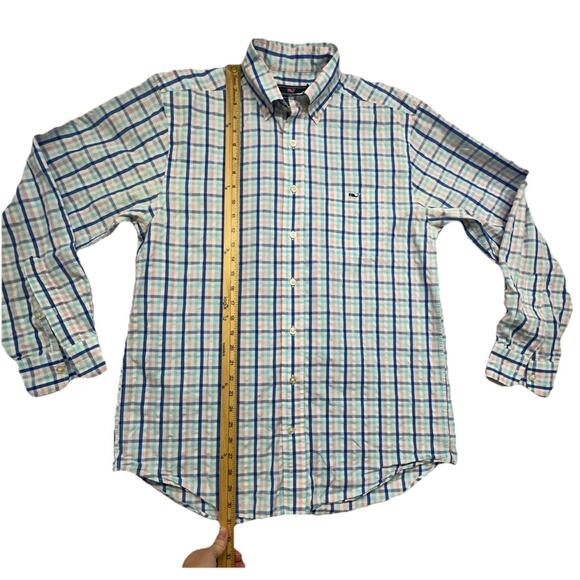 Vineyard Vines Mens Medium Button Up Plaid Pink Blue Tucker Shirt 100% Cotton - Picture 4 of 7